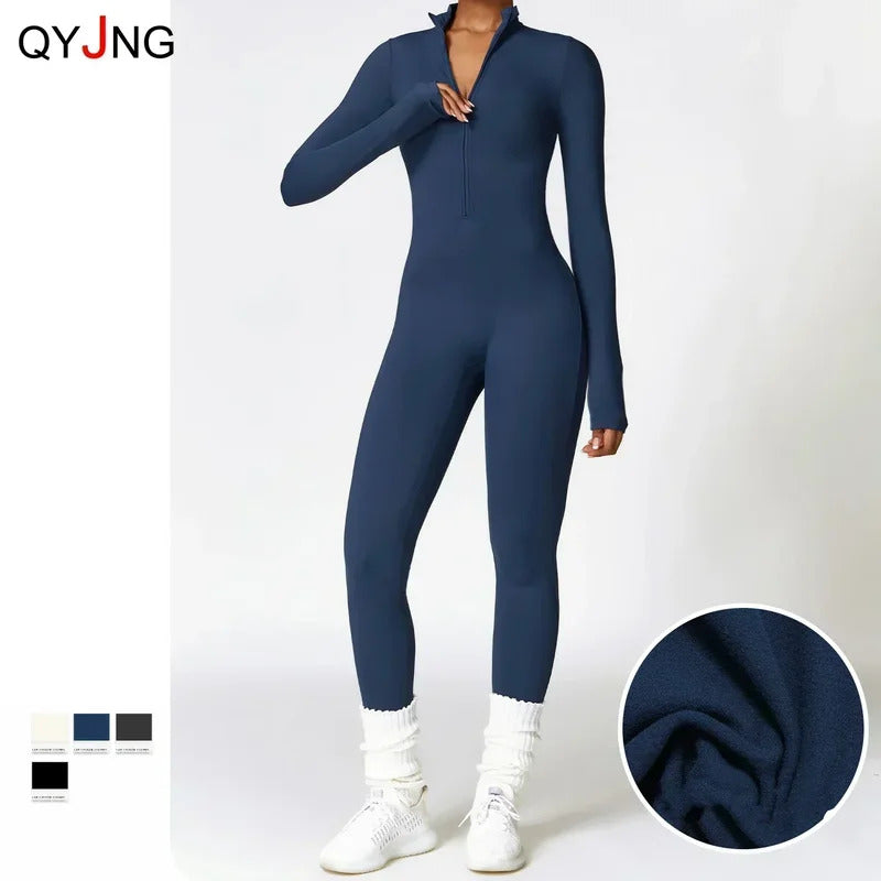 Autumn Winter Sporty Jumpsuit Women Sportswear Long Sleeve Zipper Warm Gym Fitness Overall Yoga Workout Clothes One Piece Outfit