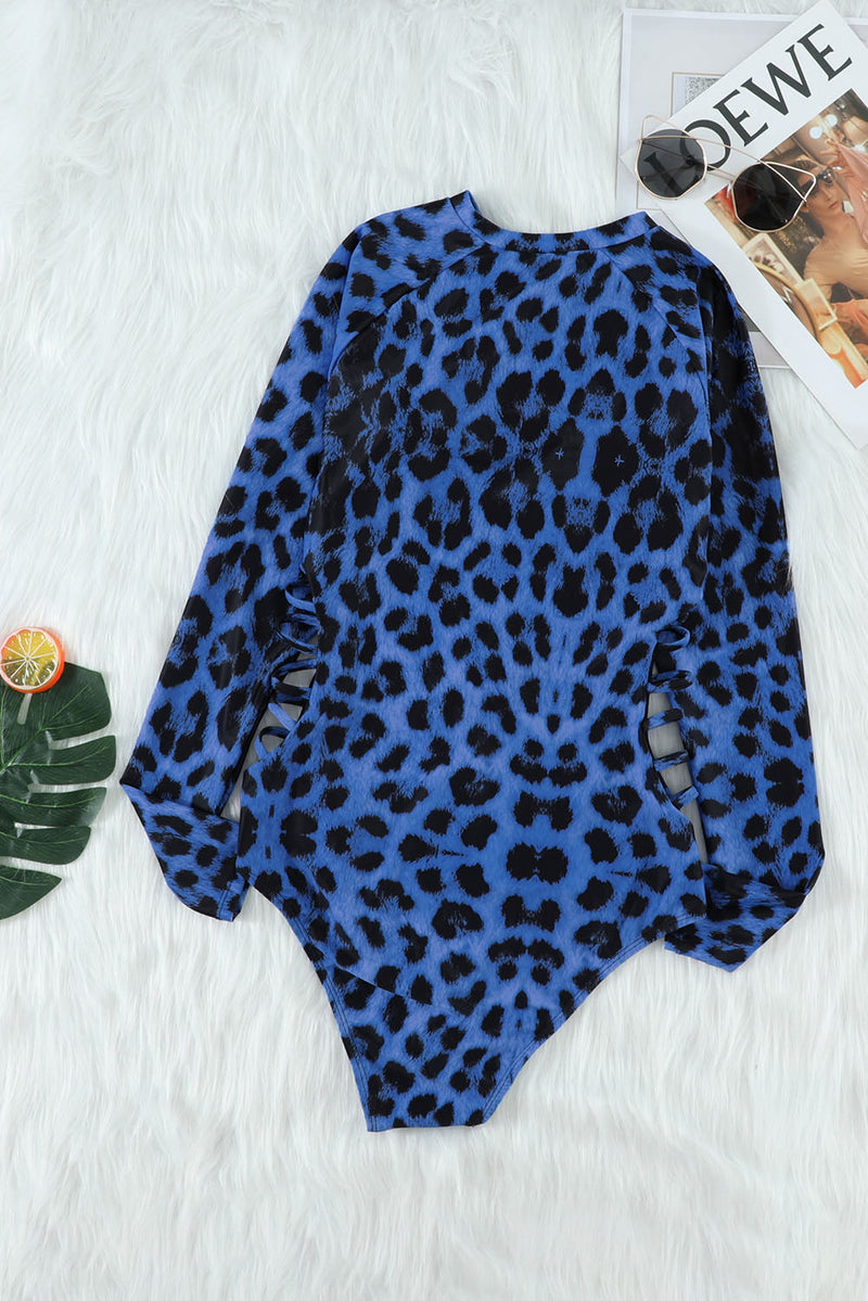 Green Leopard Print Zipper Cut-out Rash Guard Swimsuit