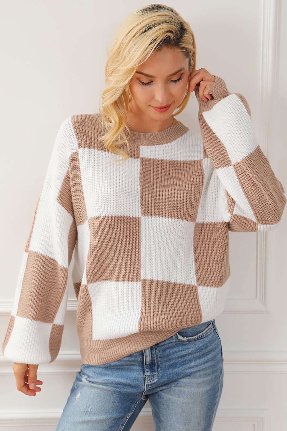 Checkered Ribbed Knit Puff Sleeve Sweater