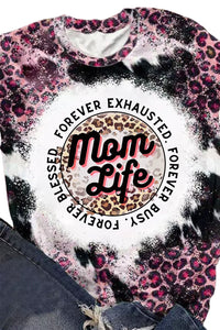 Pink Mom Life Slogan Leopard Bleached Graphic Tee