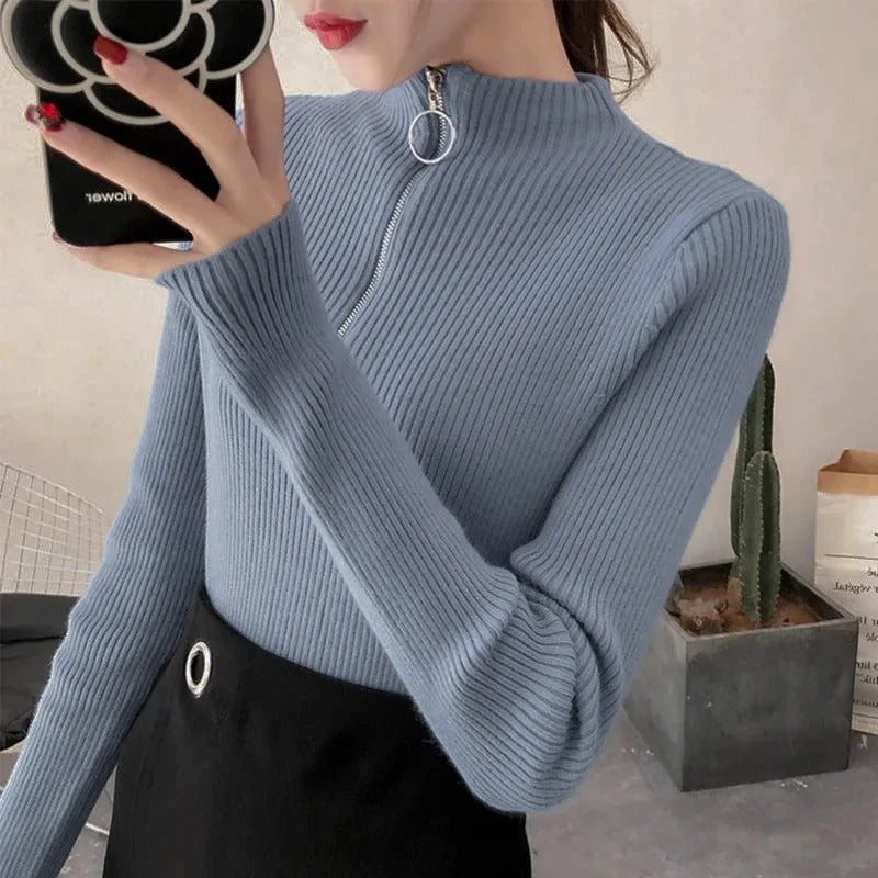 Knitted Women Zipper Half High Neck Sweater Pullovers Autumn Winter Basic Women Sweaters Slim Solid Knitwear Pull Femme Tops