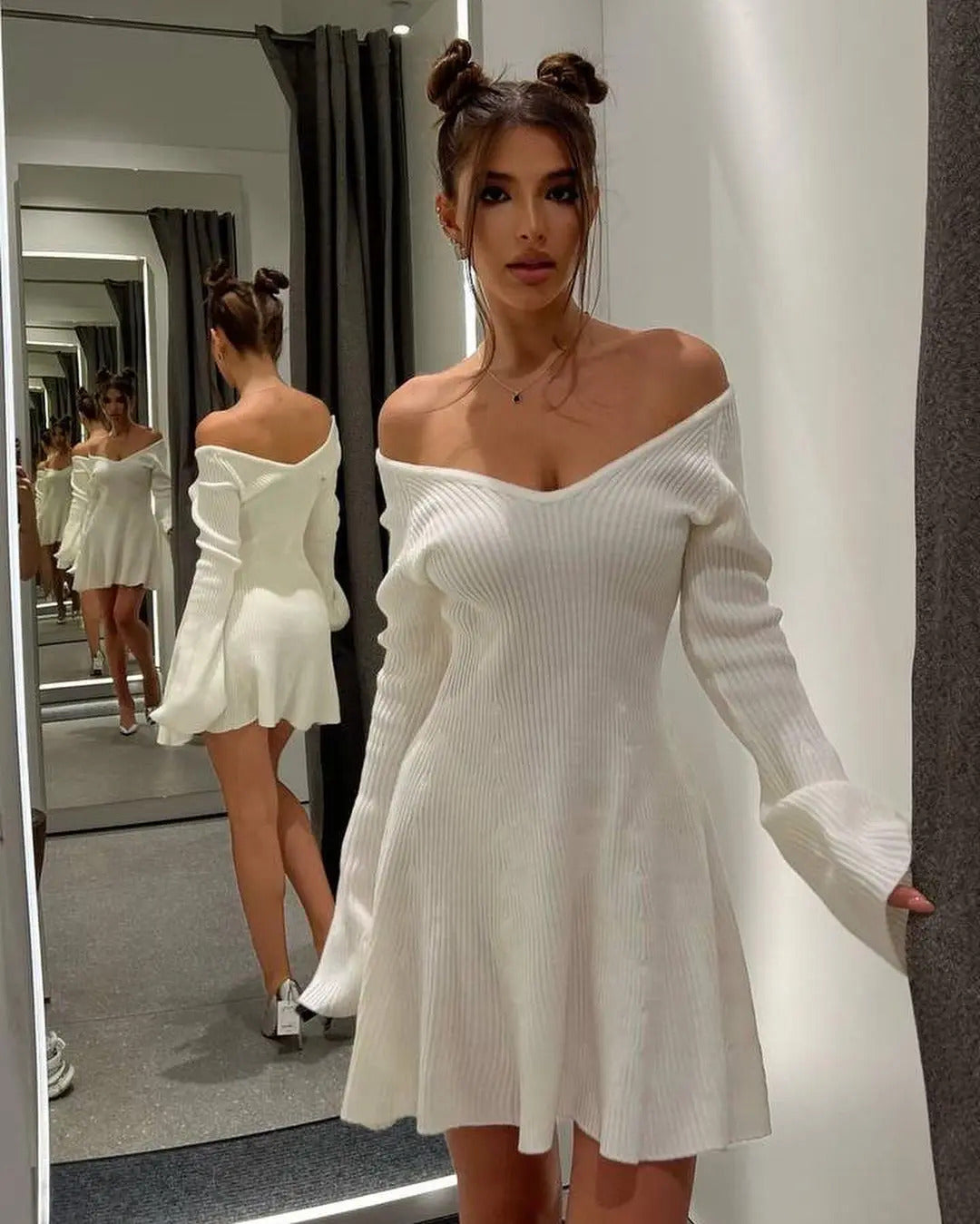 Talenza Knitted Off Shoulder V Neck Mini Dress Women's Sexy High Waist Long Sleeve Dress White Knitted Sweater Dress Robe Women