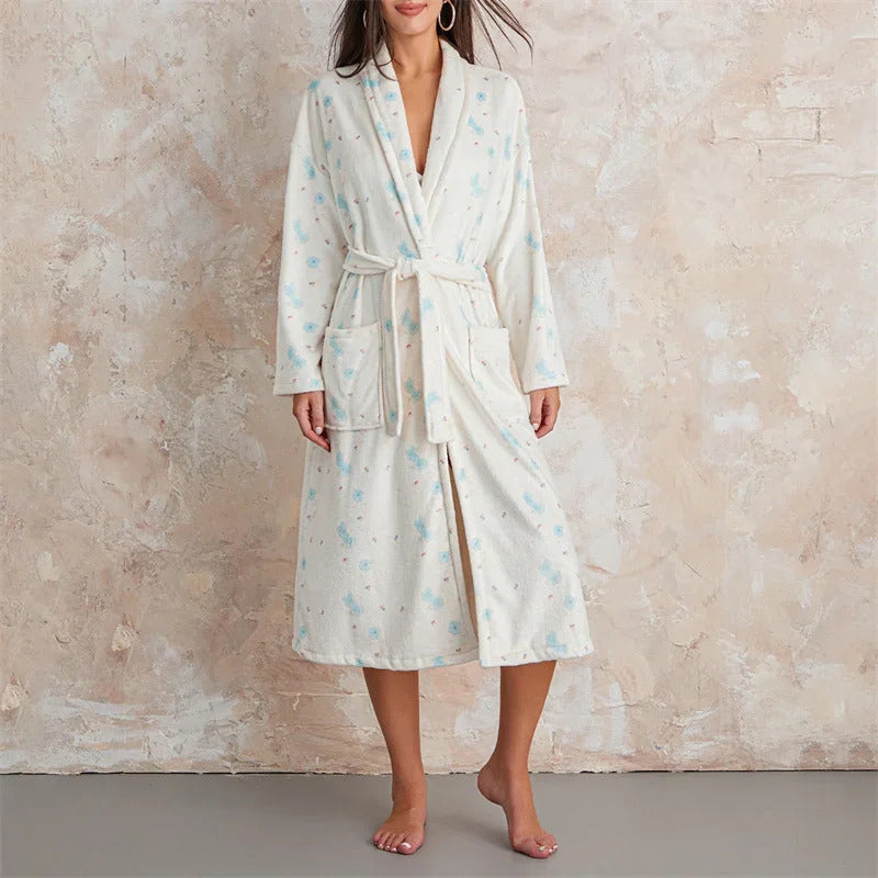 Women Flannel Robe Home Sleepwear Floral Print Shawl Collar Bathrobe Kimono Robe with Belt Winter Warm Pajamas Clothes