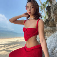 Knit Halter 2 Piece Suit Women Halter Sleeveless Backless Crop Tank Long Hip Package Skirt 2025 Vacation Lady Sets