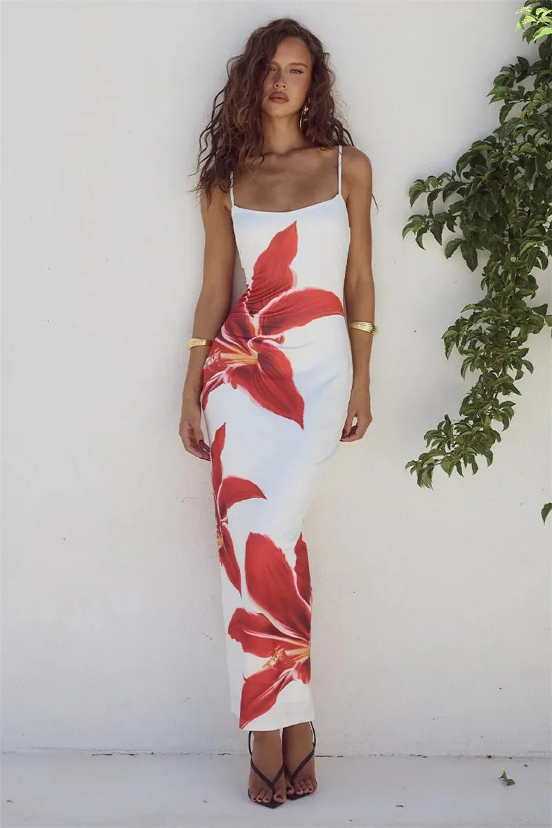 Mozision Floreal Print Long Dress For Women Gown Summer New Spaghetti Strap Sleeveless Backless Bodycon Sexy Midi Dress Elegant