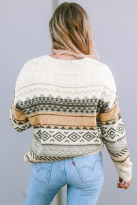 Khaki Geometric Print Ribbed Knitted V Neck Sweater