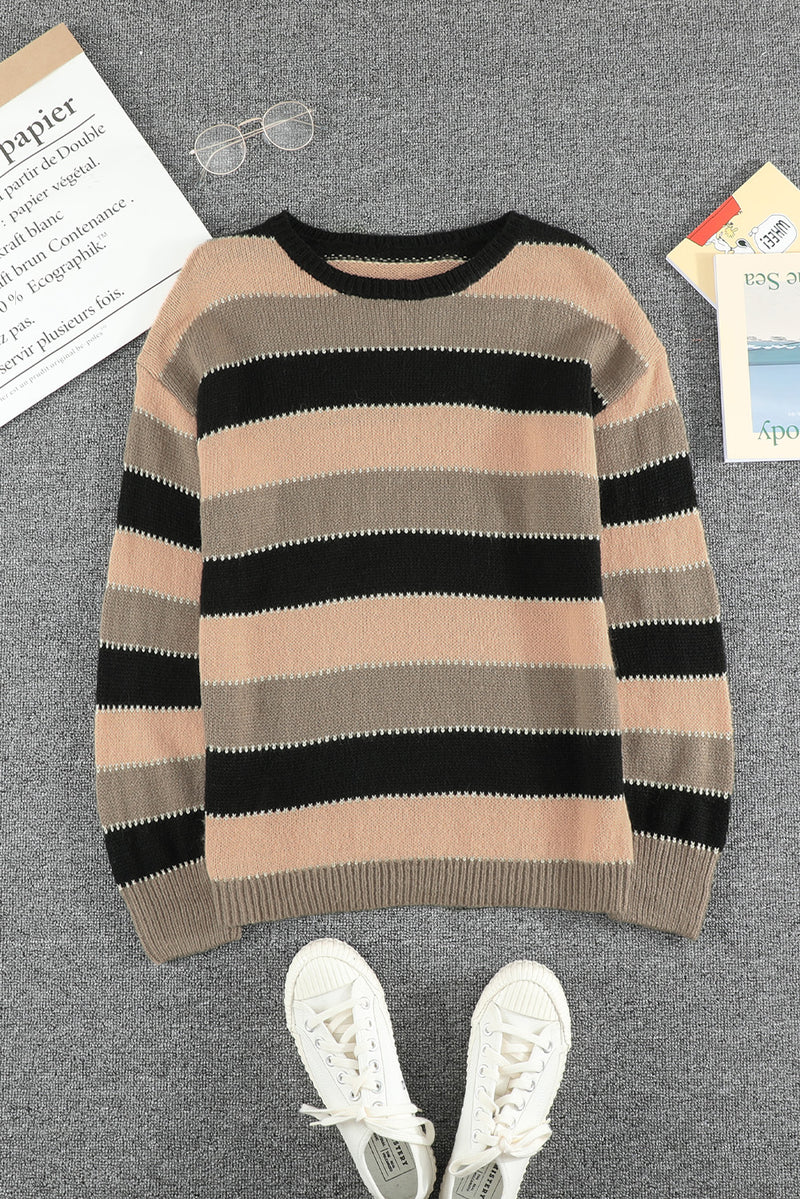 Brown Drop-Shoulder Sleeve Striped Patchwork Pullover Sweater