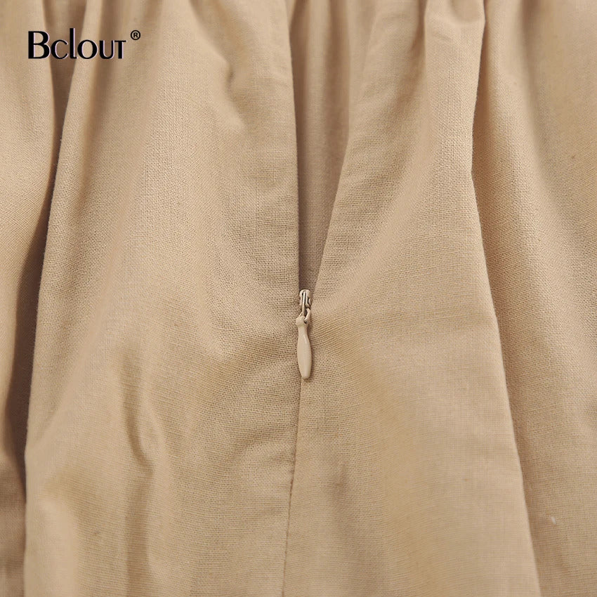 Bclout Fashion Brown Linen Long Dress Women 2024 Elegant Lace-Up Pockets A-Line Dresses Summer Sexy Backless Party Pleated Dress