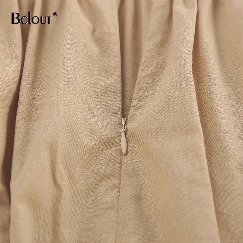 Bclout Fashion Brown Linen Long Dress Women 2024 Elegant Lace-Up Pockets A-Line Dresses Summer Sexy Backless Party Pleated Dress