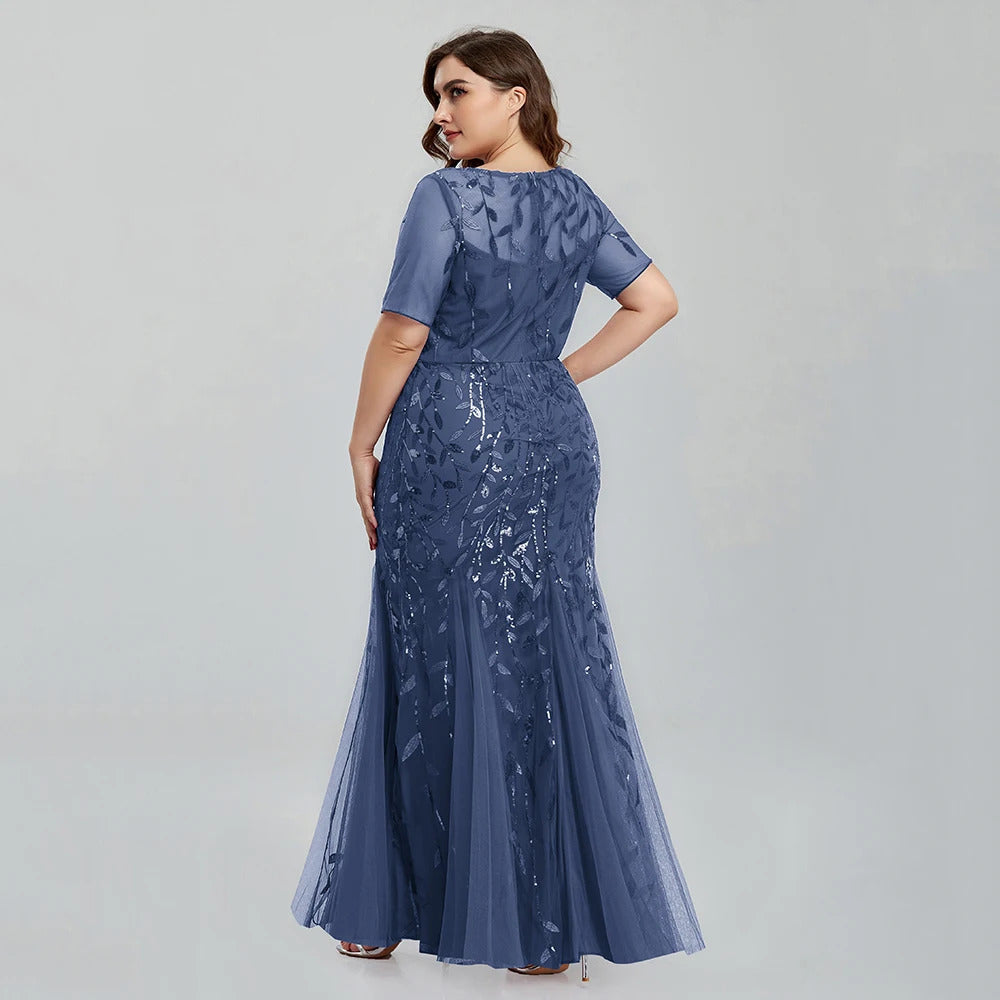 Women Plus Size Sequin Mesh Embroidery Mermaid  Evening Dress Formal Short Sleeve Elegant Party Prom Gowns 2020 New Long Dress