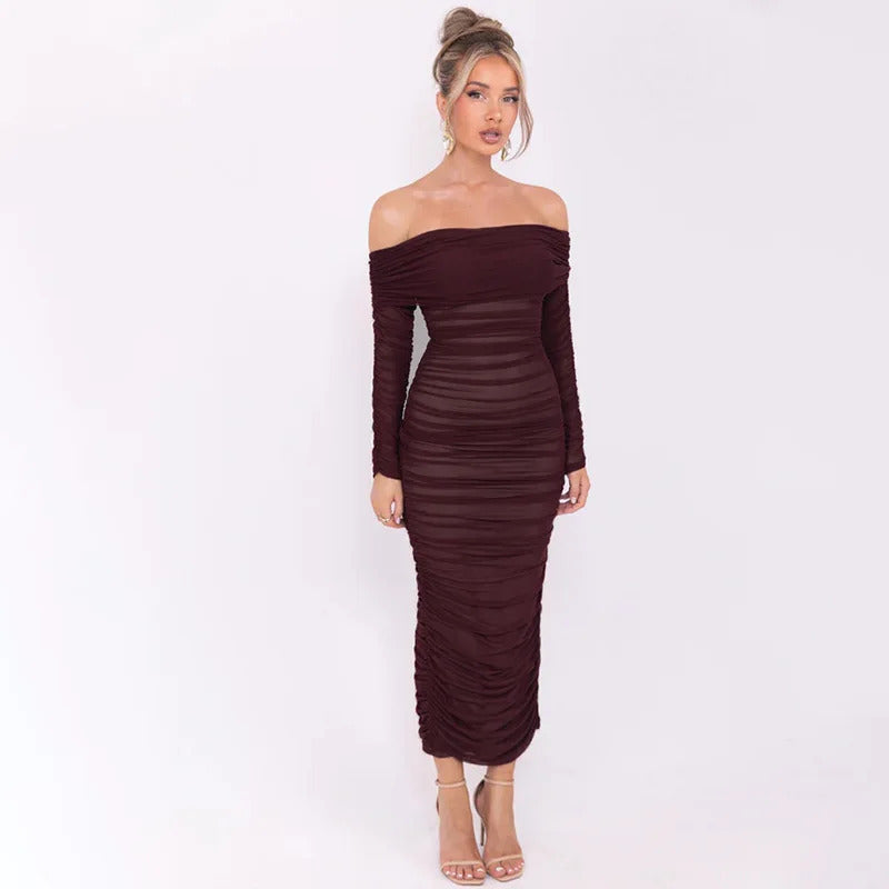 Mozision Off-shoulder Long Sleeve Sexy Maxi Dress For Women Autumn New Strapless Backless Bodycon Ruched Party Long Dress