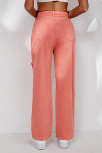 Pink High Waist Ripped Straight Leg Pocket Jeans