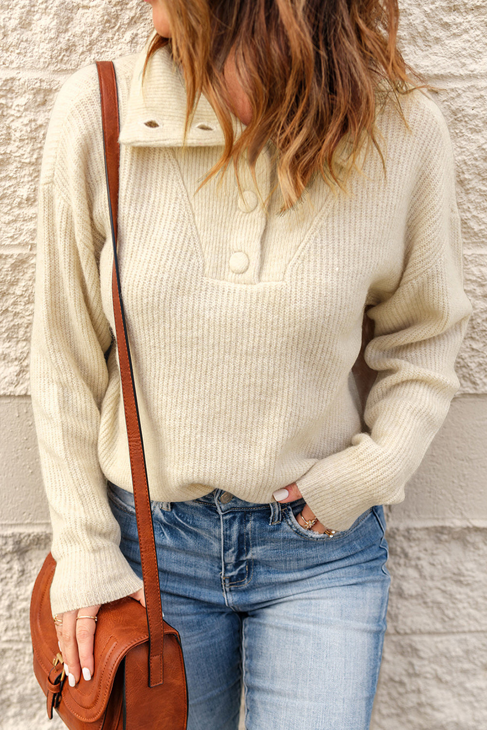 Khaki Buttoned Turn Down Collar Comfy Ribbed Sweater