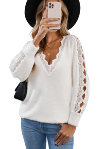 Gray Lace Splicing V Neck Pullover Sweater