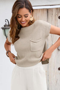 Pale Khaki Patch Pocket Short Sleeve Sweater