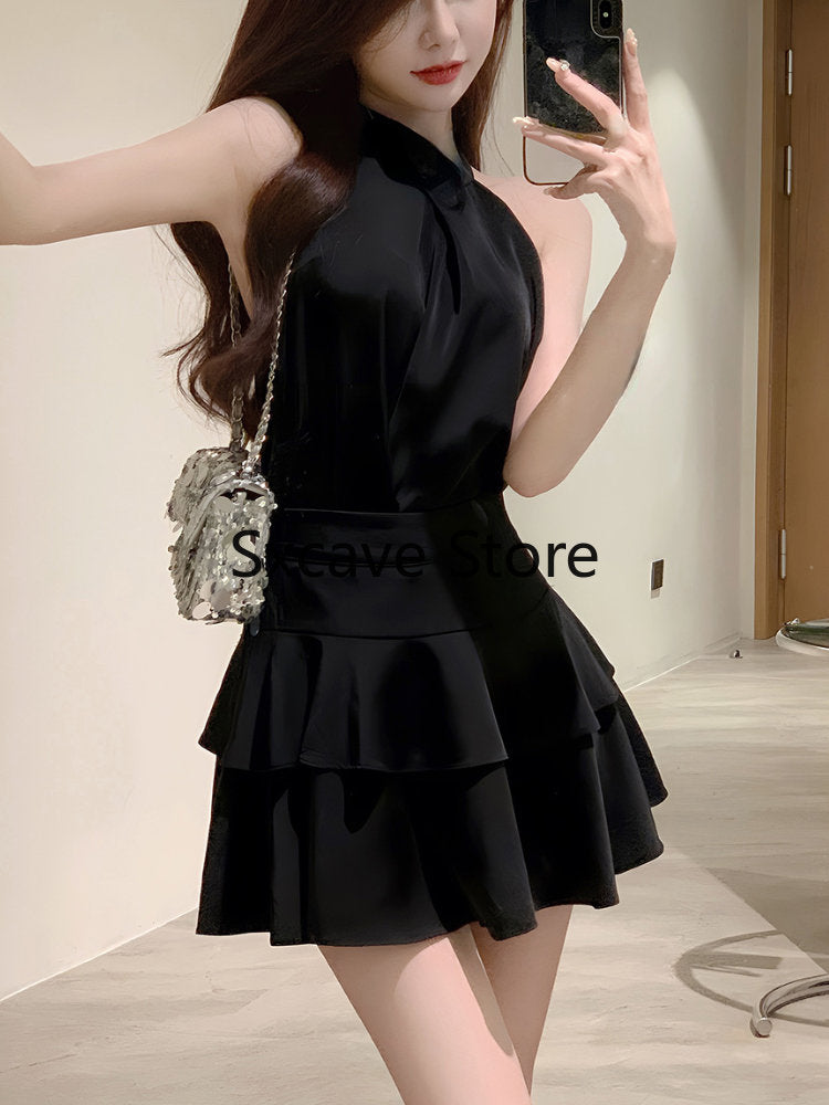 Elegant Satin 2 Piece Dress Set Women 2023 Summer Sleeveless Y2k Crop Tops + Mini Skirt Female Even Party Black Dress Korean