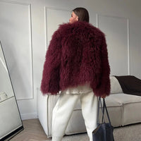 Burgundy Fluffy Faux Fur Warm Short Coat Lady Elegant Round Neck Long Sleeve Cardigan Jacket 2024 Women Winter Street Outerwear