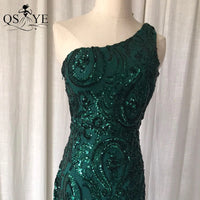 One Shoulder Emerald Evening Dresses Green Sequined Long Mermaid Prom Gown Glitter Elegant Party Dress Pattern Lace Formal Dress