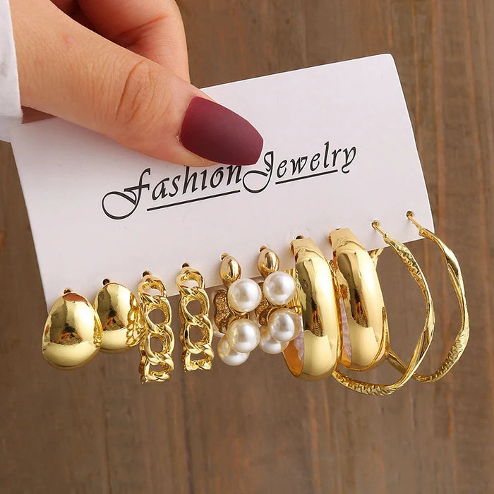 Gold Color Vintage Geometry Pearl Earrings Set Metal Twine Square Dangle Earrings Round for Women Simple Trendy Party Jewelry