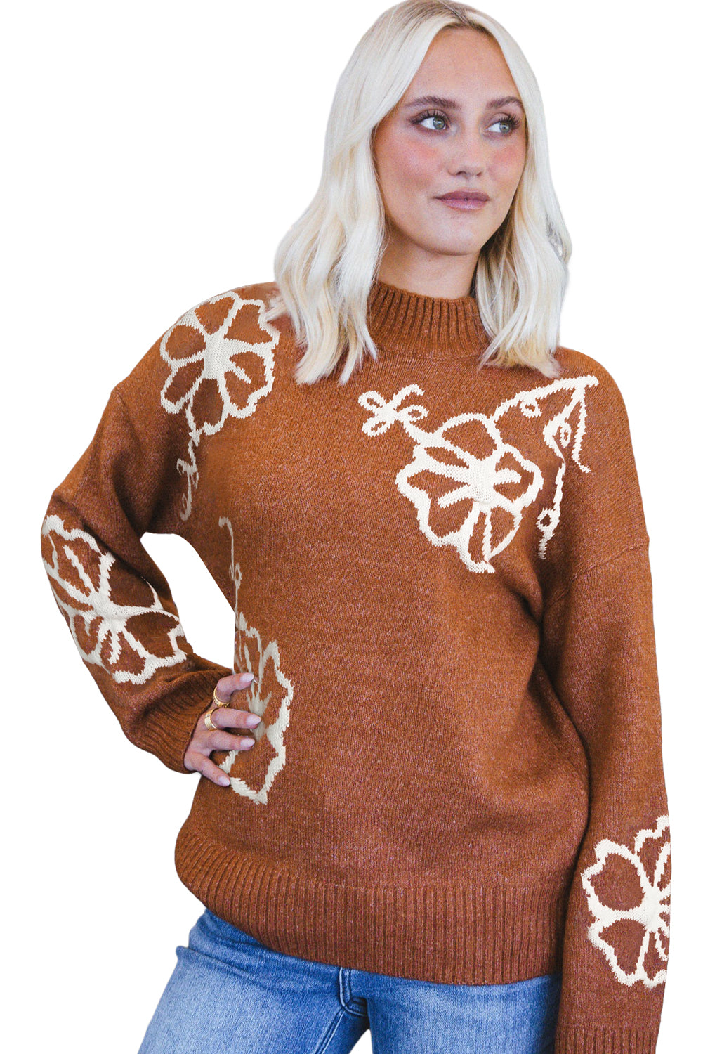 Chestnut Floral Print Ribbed Trim Knitted Sweater