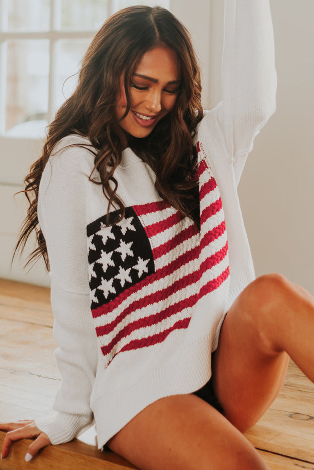 White American Flag Cable Knit Drop Shoulder Sweater