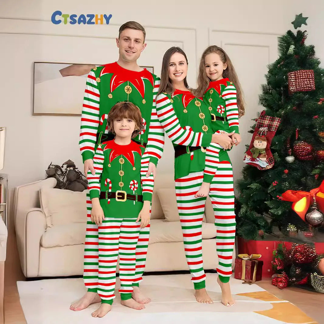 Christmas Family dress Christmas elements clothing for boys girls Adult baby set Halloween fun printed green stripe family dress