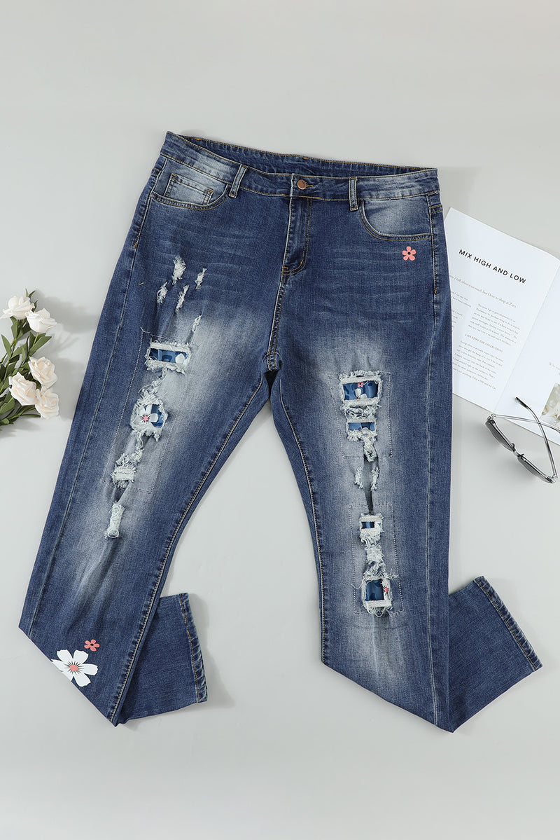 Sky Blue Floral Leopard Print Patchwork Distressed High Waist Jeans