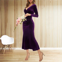 Lady Holiday Christmas Dress Elegant vintage velvet autumn Winter  V-neck long sleeve stretch waist length dress Party Dress