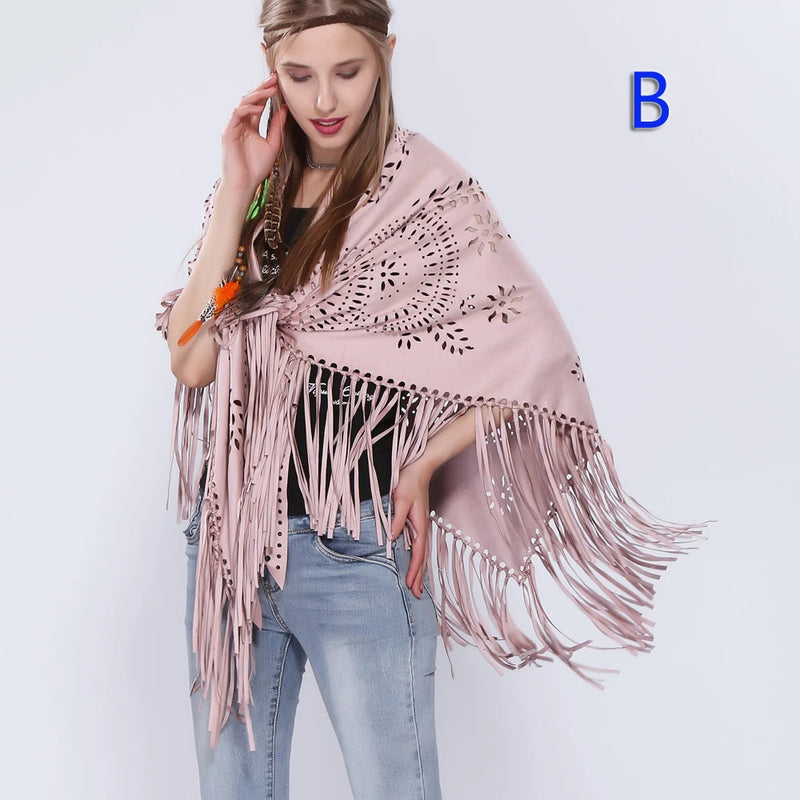 Women's Loose Suede Fringe Open Poncho Cloak Shawl Wrap with Punch Hole Patterns and Graceful Fringes Dropshipping