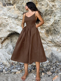 Bclout Fashion Brown Linen Long Dress Women 2024 Elegant Lace-Up Pockets A-Line Dresses Summer Sexy Backless Party Pleated Dress