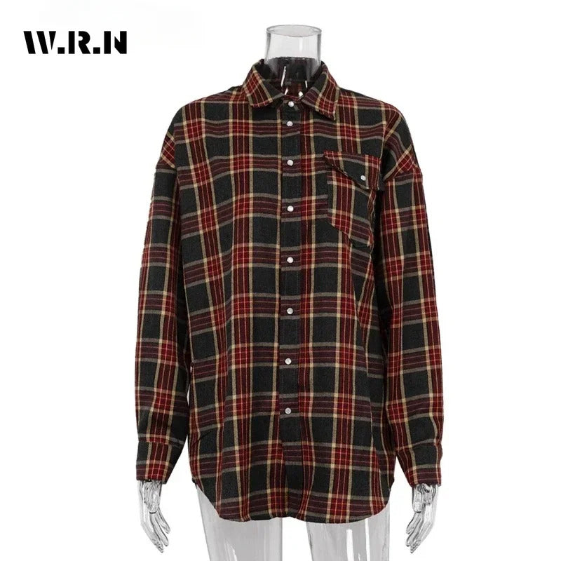 Clacive Fashion Baggy Plaid Women'S Blouse Elegant Lapel Long Sleeve Shirts And Blouses Vintage Pocket Lace-Up Top Female