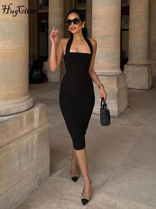 Hugcitar 2024 Elegant Halter Black Backless Sexy Bodycon Maxi Prom Dress Summer Women Y2K Clothes Wedding Birthday Party