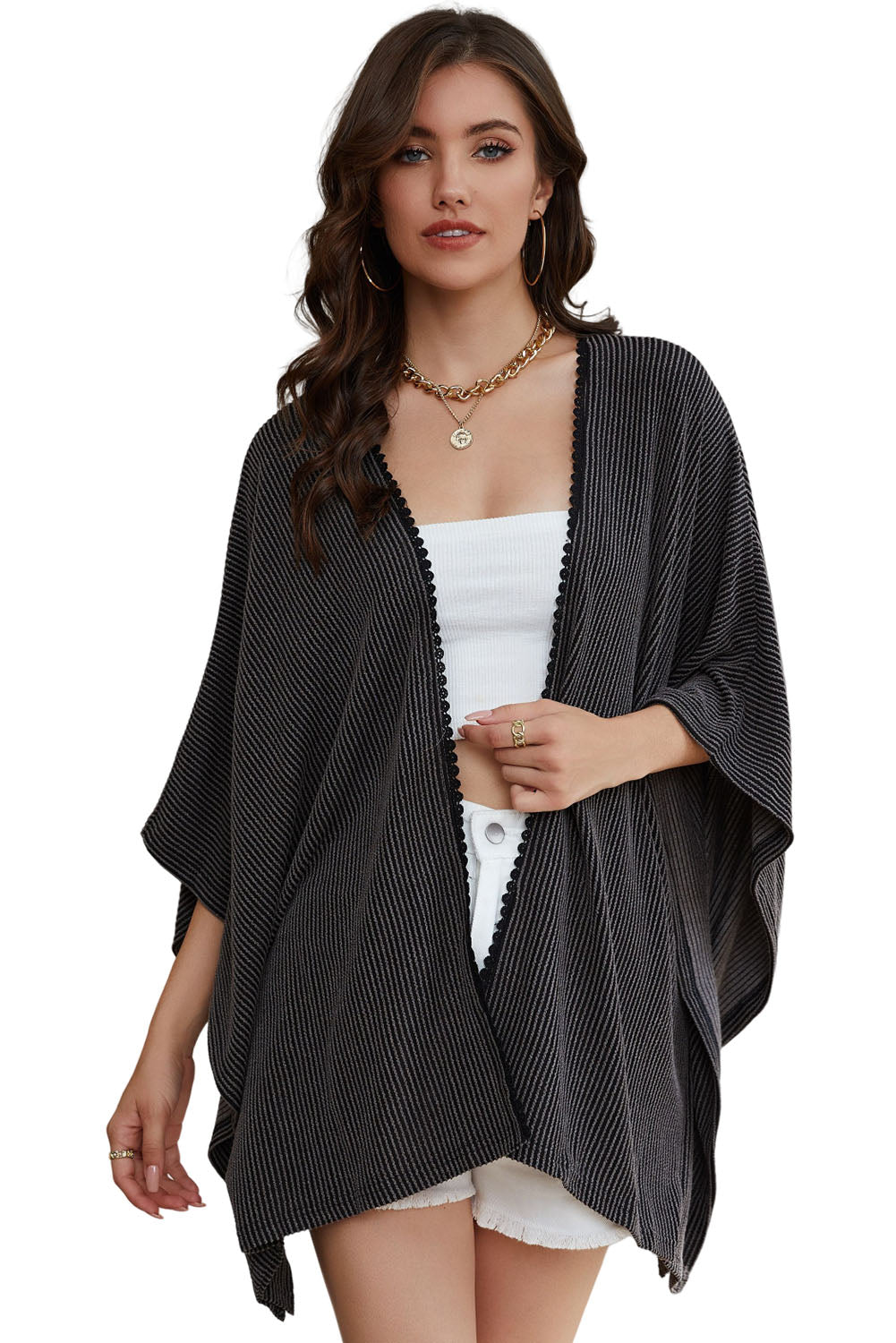 Black Lace Trim Ribbed Oversize Kimono