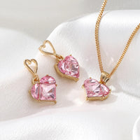 3pcs Trendy Y2k Heart-shaped Zircon Pink Crystal Pendant Earrings Necklaces Set for Women Heart Elegant Exquisite Party Jewelr