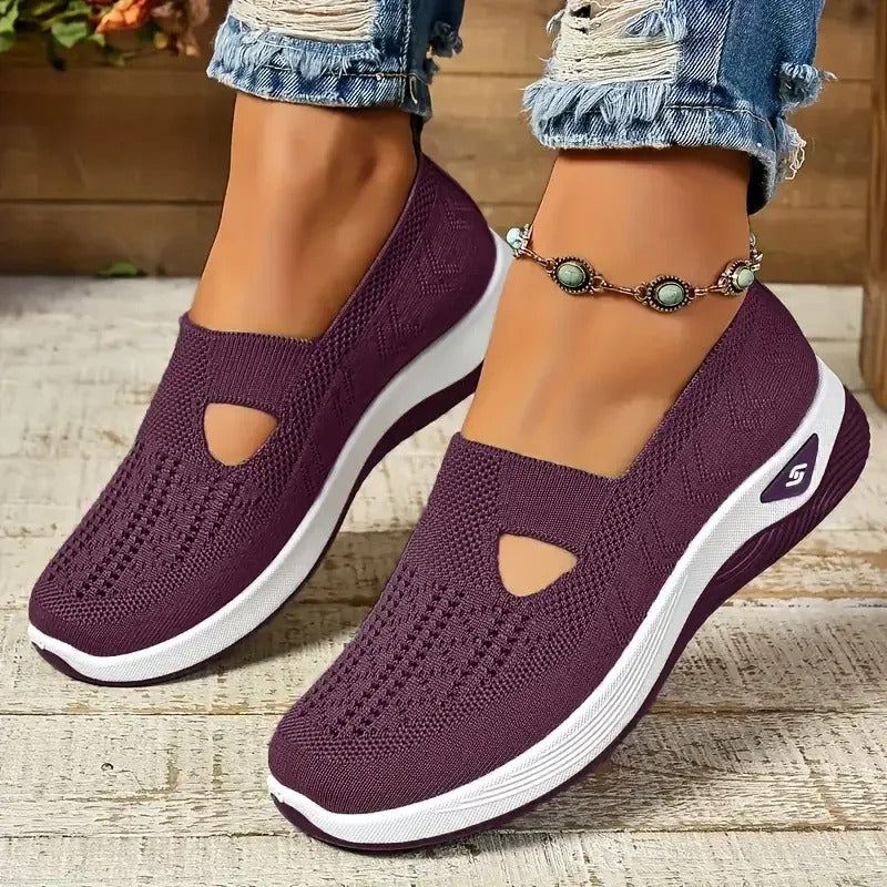 Women's Solid Color Breathable Sneakers, Soft Sole Lightweight Slip On Walking Shoes, Low-top Knitted Casual Shoes