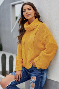 Yellow Cuddle Weather Cable Knit Handmade Turtleneck Sweater