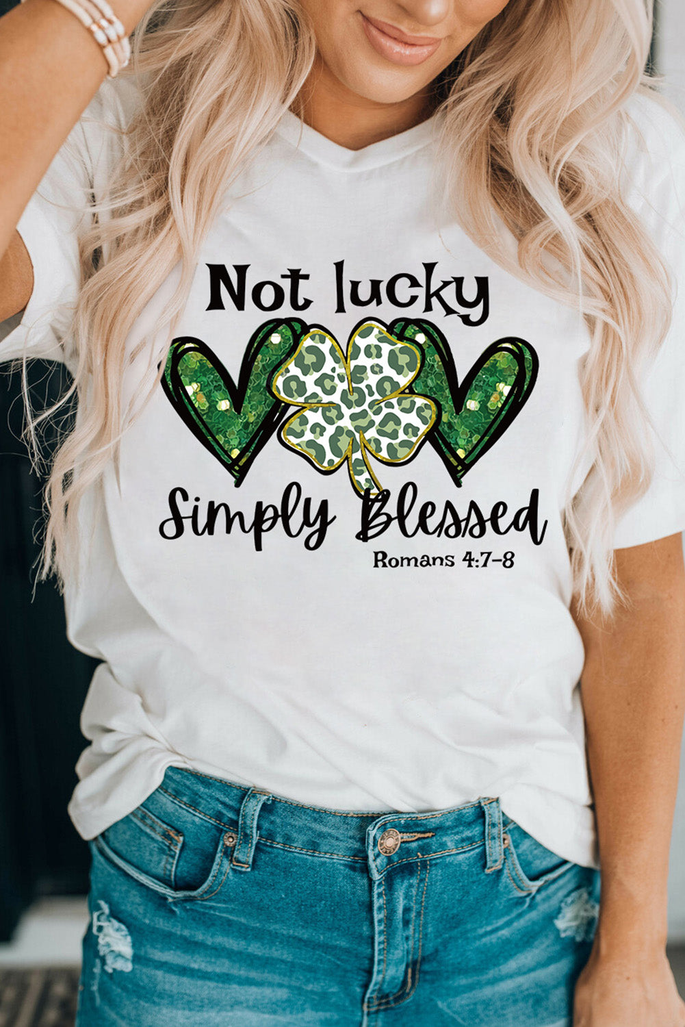 White Heart Leopard Clover Slogan Letters Graphic Tee