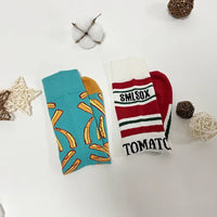 1 Pair Unisex Funny AB Style Tomato Ketchup French Fry Printed Mid-Calf Socks Suit In All Seasons