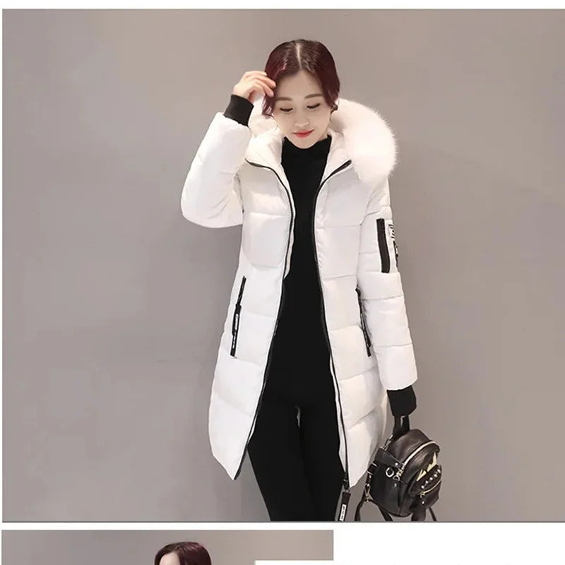 Women Winter Black Fur Collar Hooded Parka Fashion Letter Patch Zipper Pockets Long Jacket Elegant Slim Warm Thick Female Coats