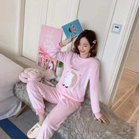 Autumn Winter New Flannel Soft Warm Women's Pajamas Round Neck Long Sleeve Women Two Piece Set Cute Printing Pajama Suit Women