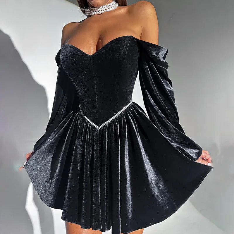 Elegant Velvet Strapless Mini Dresses Women Solid Off Shoulder Long Sleeved Dress Female 2025 Autumn Chic Evening Party Robes