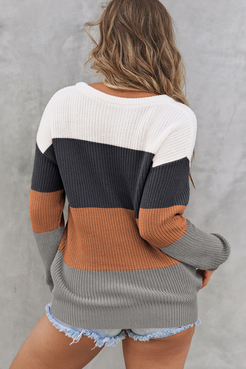 Chestnut Color Block Knitted O-neck Pullover Sweater