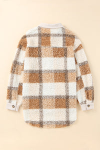 Brown Plaid Pocketed Teddy Jacket