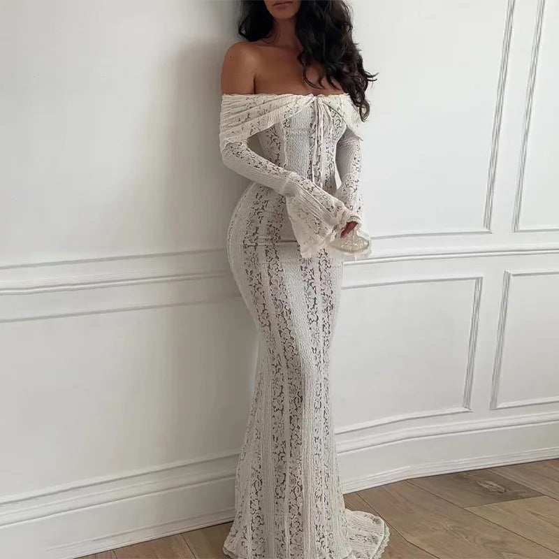 White Off Shoulder Lace Up Flare Long Sleeve Slim Maxi Dress Women Hollow Out Mermaid Floor Length Vestidos Female Elegant Robe