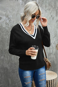 Black Deep V Contrasted Neckline Knitted Sweater