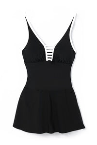 Black Strappy V Neck Side Split One-piece Swimdress