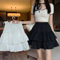 Pleated A-Line Skirt Women White Ruffle Sweet Tierred Pretty Style Skirt Elastic Waist Summer Slim Basic Korean Harajuku Dress