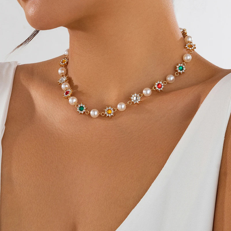 SHIXIN Luxury Shinny Colorful Rhinestone Short Necklace Bracelet Earrings Women Imitation Pearl Choker Christmases Jewelry Set