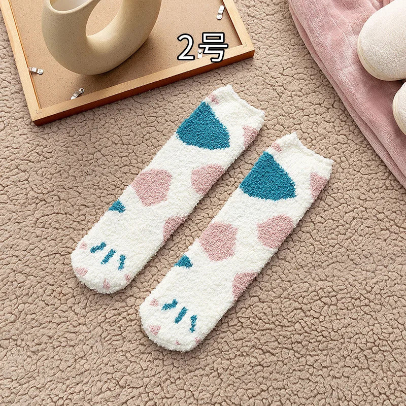 Autumn Winter Coral Velvet Socks Cute Cat Claw Socks For Women Children Girls Middle Tube Thickened Sleep Socks Home Floor Socks