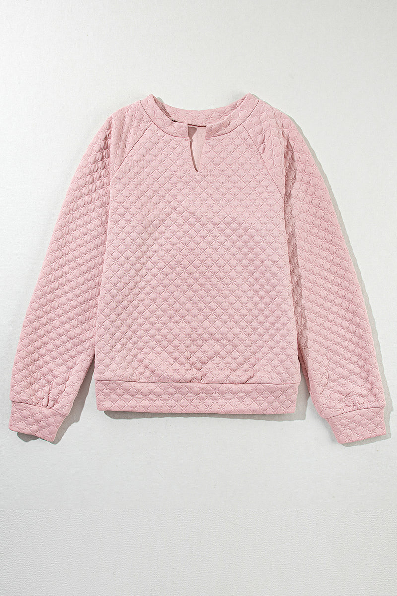 Light Pink Split Neck Quilted Long Sleeve Top